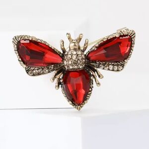 Vintage Ruby Red Gem Insect Brooch — Gold Tone